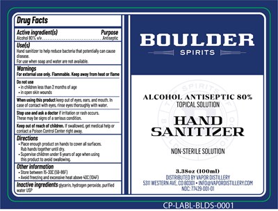 Ndc 77429-001-01 Boulder Spirits Hand Sanitizer 100ml Topical Solution Non-sterile (Cp Labl Blds 0001   Vapordistillery Handsanitizer Clearlabel 100ml Pet Spray)